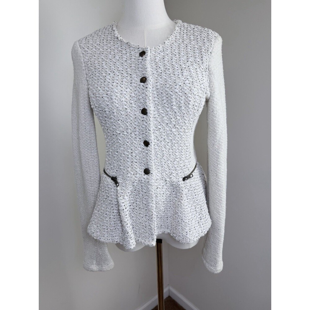 Anthropologie Cartonnier Peplum Jacket Womens XSmall Ivory Boucle Knit Blazer
